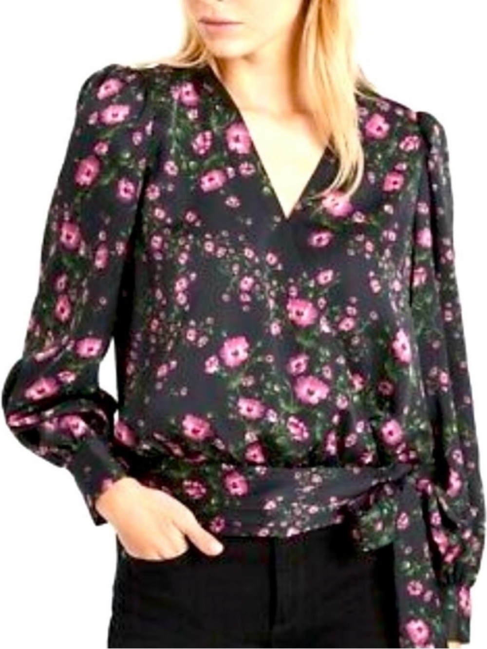 Banana Republic V-Neck Faux Wrap Silky Micro Floral Top Blouse Side Tie Bow XL